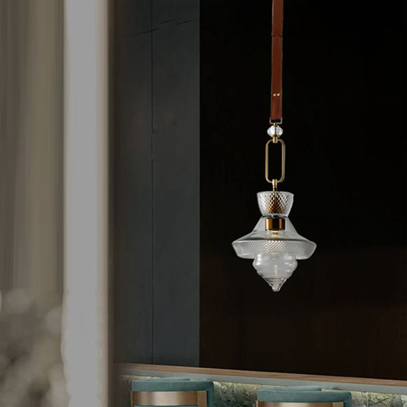 Suspension Luminaire Contemporain Industriel Triangle Rond Cône Anneau Cristal Verre Fer Cuir 1-Lumière Pour Salon 