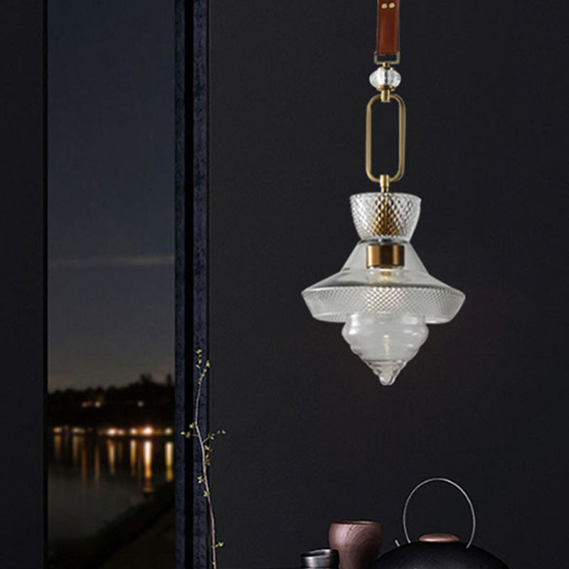 Suspension Luminaire Contemporain Industriel Triangle Rond Cône Anneau Cristal Verre Fer Cuir 1-Lumière Pour Salon 