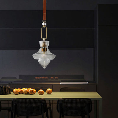 Suspension Luminaire Contemporain Industriel Triangle Rond Cône Anneau Cristal Verre Fer Cuir 1-Lumière Pour Salon 