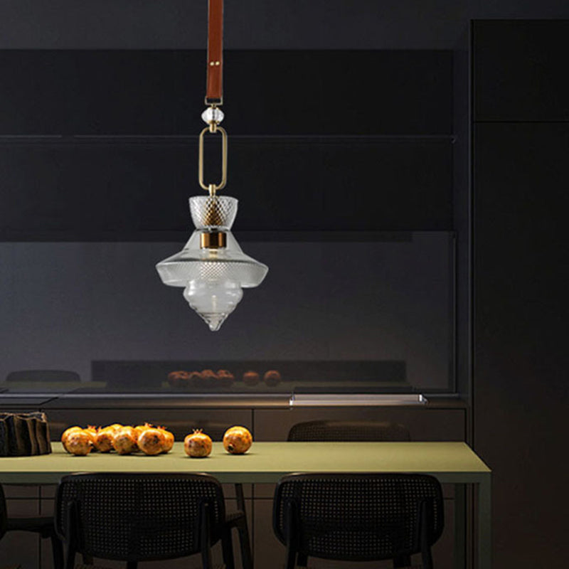Suspension Luminaire Contemporain Industriel Triangle Rond Cône Anneau Cristal Verre Fer Cuir 1-Lumière Pour Salon 