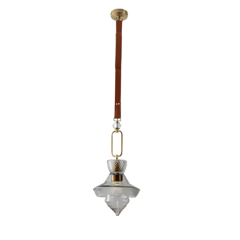 Suspension Luminaire Contemporain Industriel Triangle Rond Cône Anneau Cristal Verre Fer Cuir 1-Lumière Pour Salon 