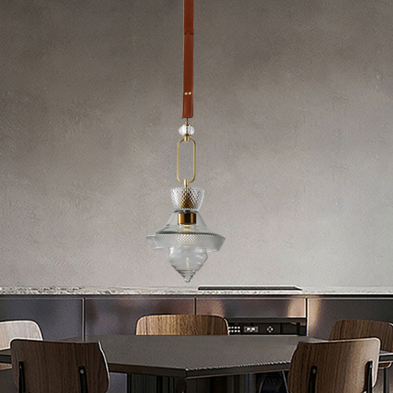 Suspension Luminaire Contemporain Industriel Triangle Rond Cône Anneau Cristal Verre Fer Cuir 1-Lumière Pour Salon 