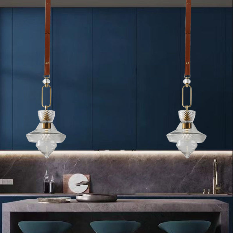 Suspension Luminaire Contemporain Industriel Triangle Rond Cône Anneau Cristal Verre Fer Cuir 1-Lumière Pour Salon 