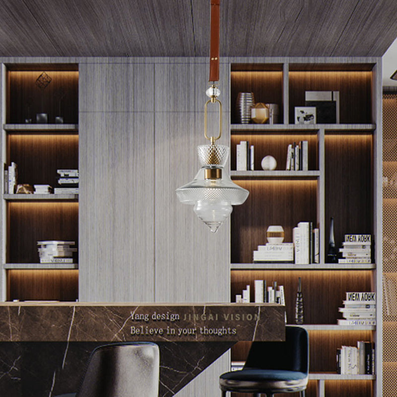 Suspension Luminaire Contemporain Industriel Triangle Rond Cône Anneau Cristal Verre Fer Cuir 1-Lumière Pour Salon 