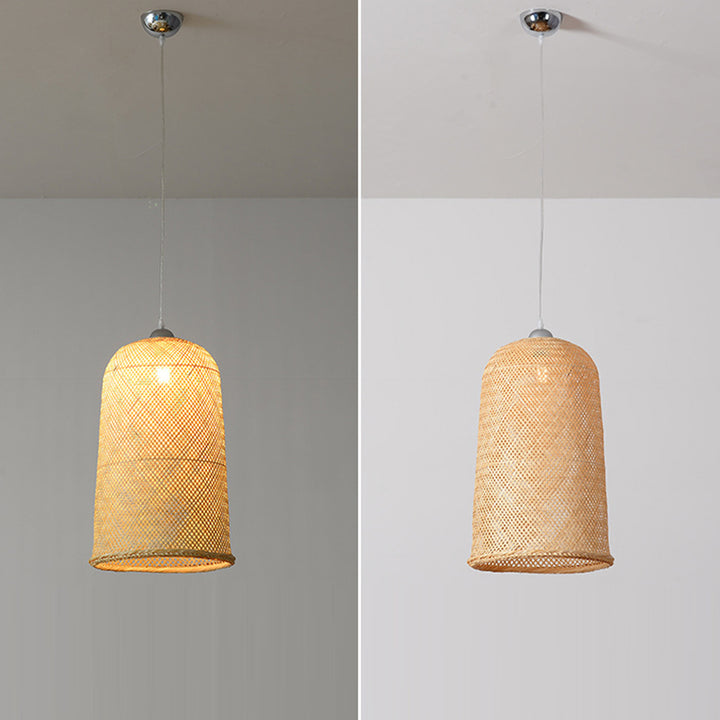 Traditionelle chinesische Zylinder-Hängeluhr Bambus Eisen 1-Licht Pendelleuchte für Wohnzimmer 