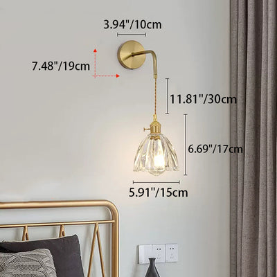 Applique murale 1 lumière en cuivre et fer avec abat-jour en verre et pétales de vase en forme de jupe fleur contemporaine pour salon 