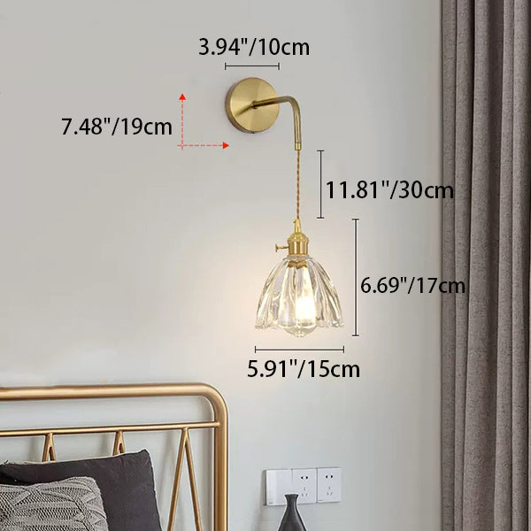 Applique murale 1 lumière en cuivre et fer avec abat-jour en verre et pétales de vase en forme de jupe fleur contemporaine pour salon 