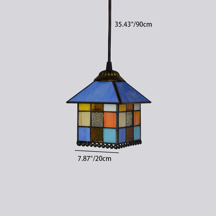 Forme traditionnelle de maison Tiffany, suspension en fer et verre carré à 1 lumière pour chambre 