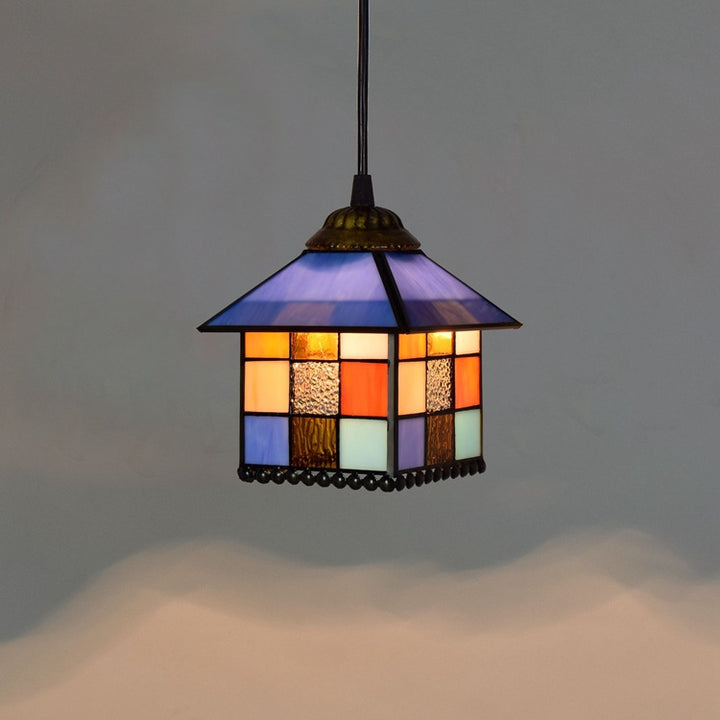 Forme traditionnelle de maison Tiffany, suspension en fer et verre carré à 1 lumière pour chambre 