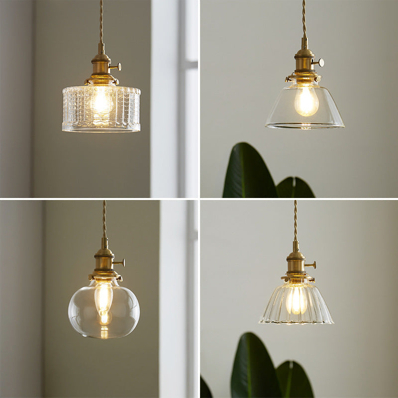 Lustre suspendu contemporain nordique en verre avec boule cylindrique en laiton à 1 lumière pour salon 