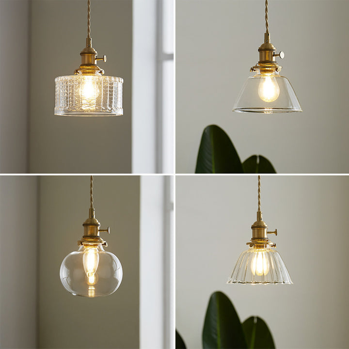 Lustre suspendu contemporain nordique en verre avec boule cylindrique en laiton à 1 lumière pour salon 