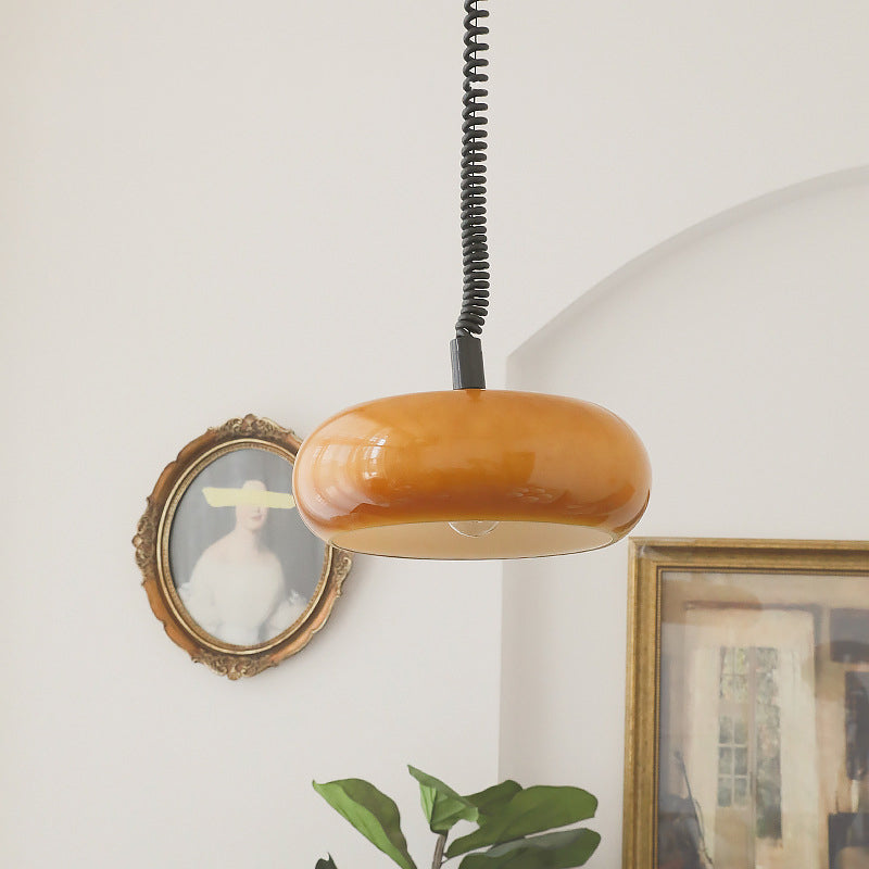 Lámpara colgante de 1 luz de hierro, vidrio, tambor redondo y minimalista moderna para sala de estar 