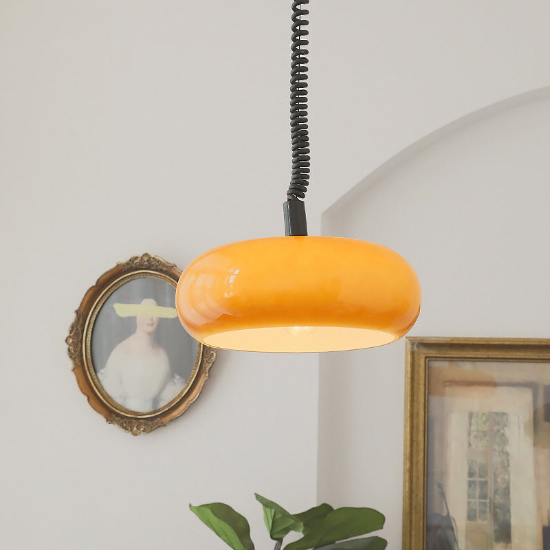 Lámpara colgante de 1 luz de hierro, vidrio, tambor redondo y minimalista moderna para sala de estar 