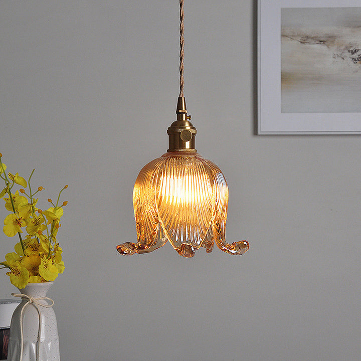 Traditional Vintage Floral Round Glass Copper 1-Light Pendant Light For Living Room