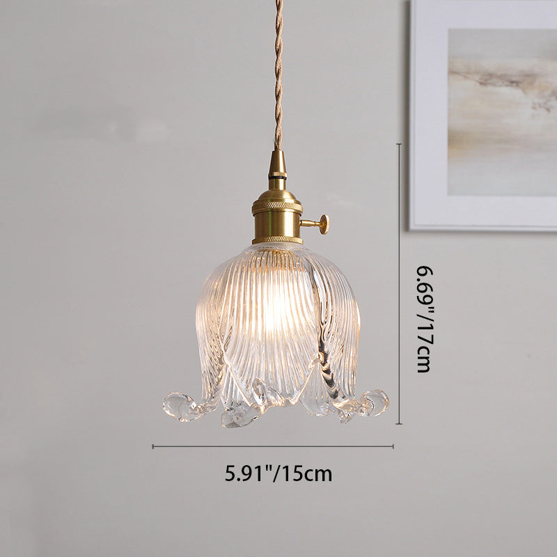 Traditional Vintage Floral Round Glass Copper 1-Light Pendant Light For Living Room