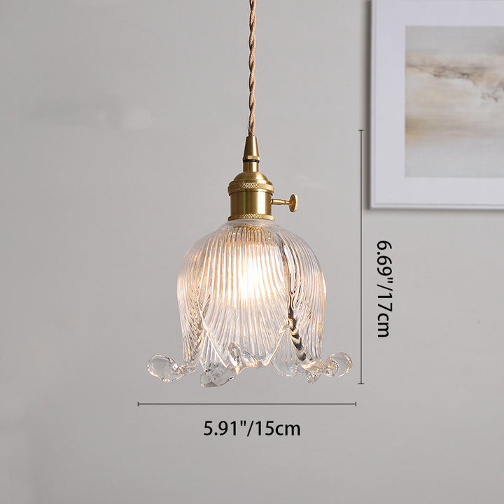 Traditional Vintage Floral Round Glass Copper 1-Light Pendant Light For Living Room