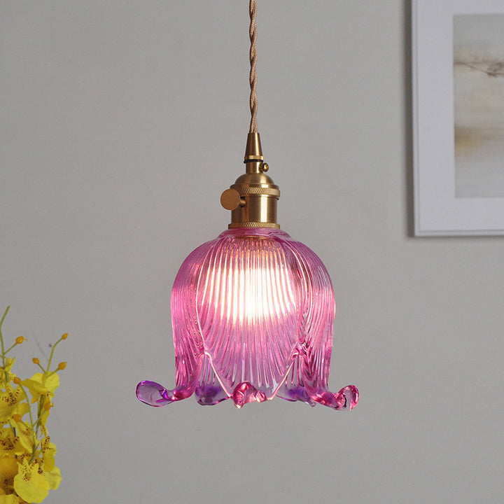 Traditional Vintage Floral Round Glass Copper 1-Light Pendant Light For Living Room