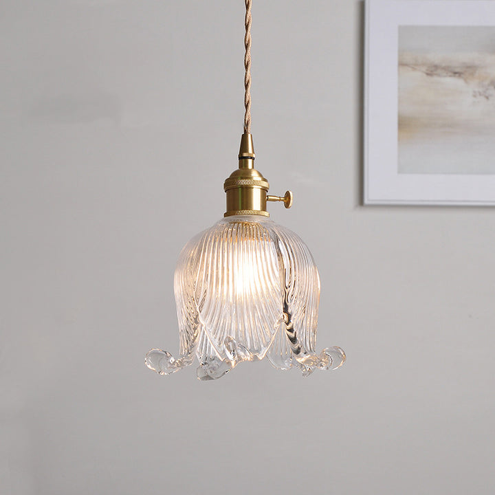 Traditional Vintage Floral Round Glass Copper 1-Light Pendant Light For Living Room