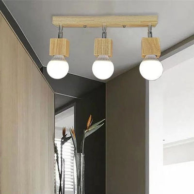 Modern Minimalist Square Orb Wood 1/3 Light Semi-Flush Mount Ceiling Light For Bedroom