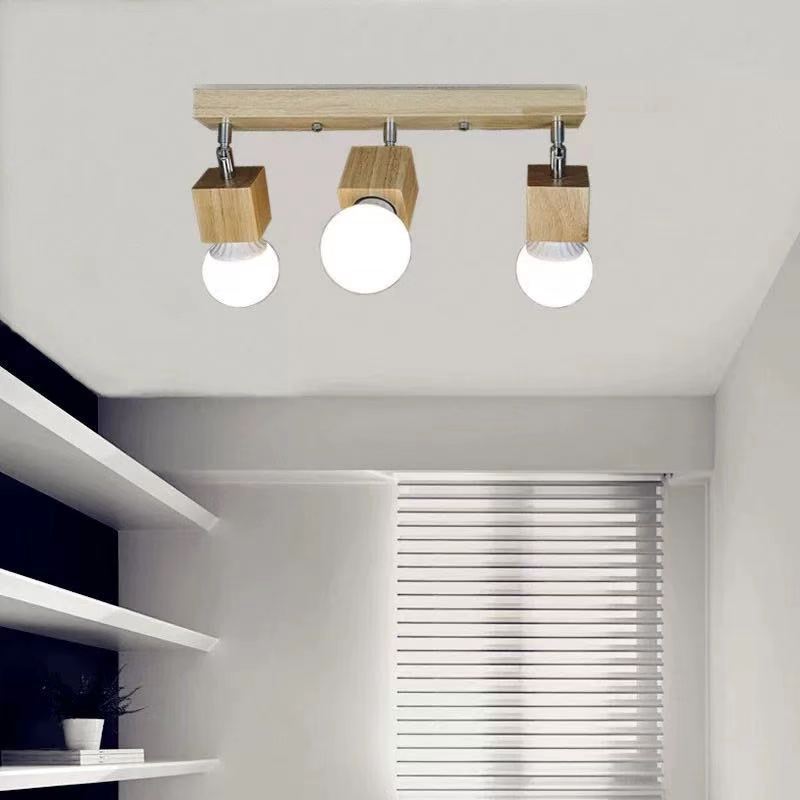 Modern Minimalist Square Orb Wood 1/3 Light Semi-Flush Mount Ceiling Light For Bedroom
