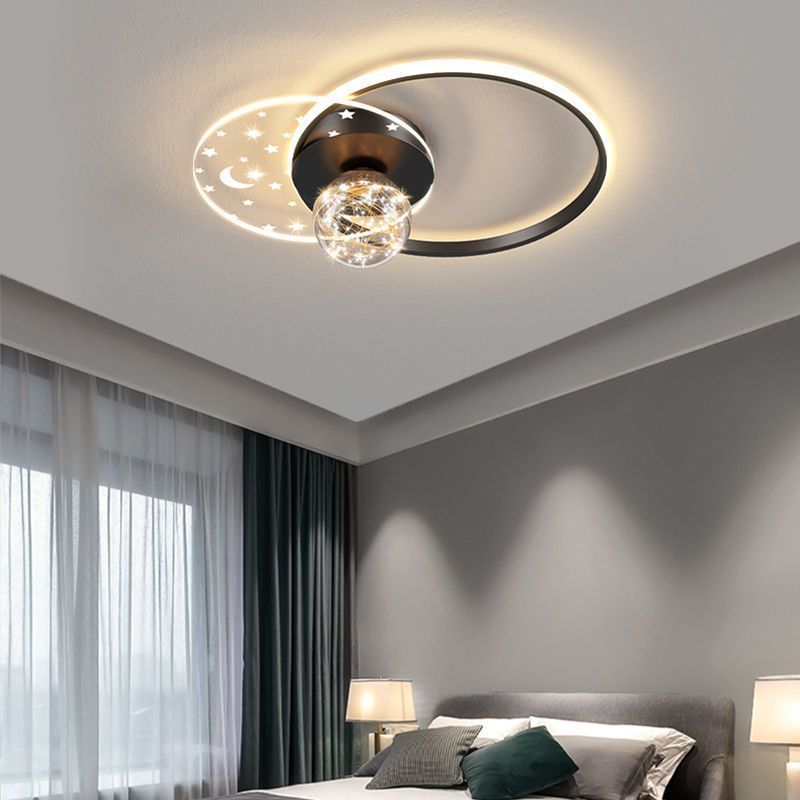 Plafonnier LED contemporain scandinave en verre acrylique et fer avec orbe ronde étoile croissant pour chambre à coucher 