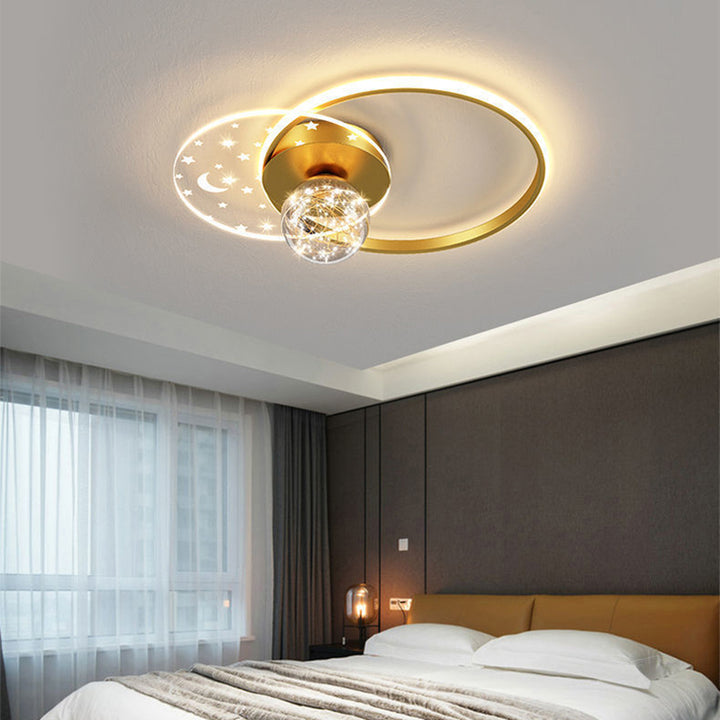 Plafonnier LED contemporain scandinave en verre acrylique et fer avec orbe ronde étoile croissant pour chambre à coucher 