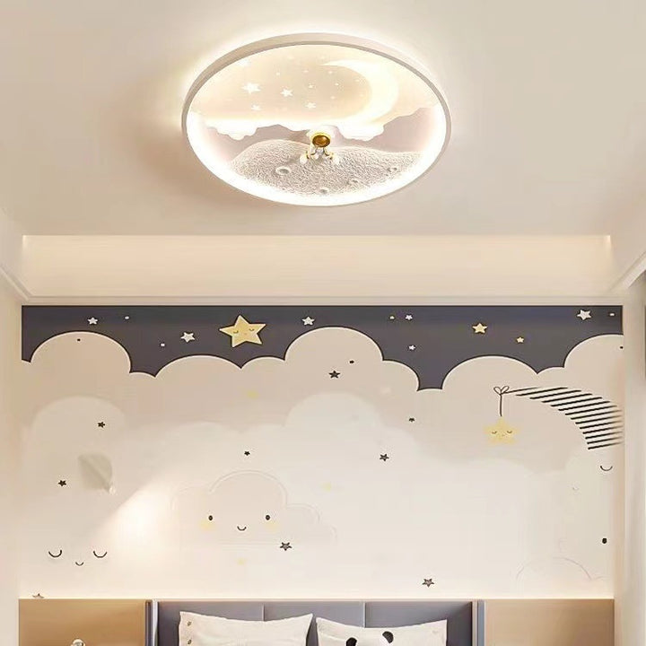 Luz de techo LED empotrada redonda de resina acrílica de hierro para dormitorio con diseño moderno minimalista de astronauta y planeta para niños 