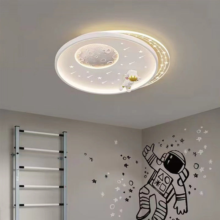 Luz de techo LED empotrada redonda de resina acrílica de hierro para dormitorio con diseño moderno minimalista de astronauta y planeta para niños 