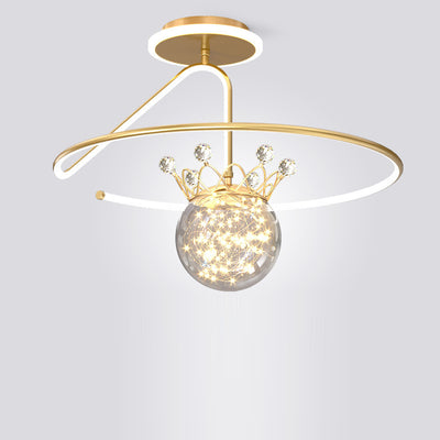 Modern Luxury Round Orb Crown PC Iron LED Semi-Flush Mount Ceiling Light For Bedroom