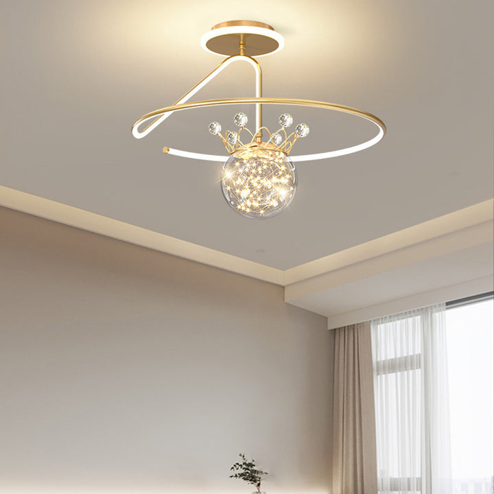 Lustre Plafonnier Semi-Encastré LED en Fer PC Moderne et Luxueux en Forme de Couronne Sphérique pour Chambre 