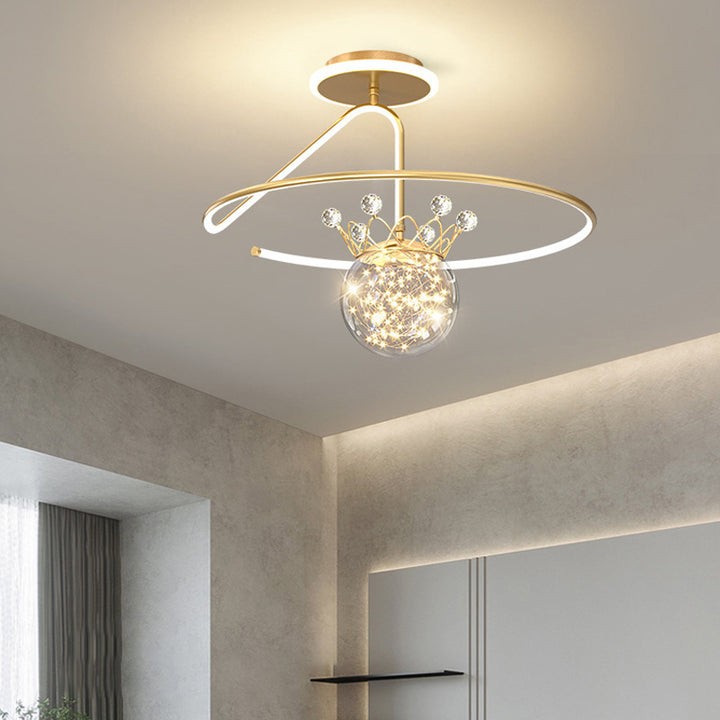 Lustre Plafonnier Semi-Encastré LED en Fer PC Moderne et Luxueux en Forme de Couronne Sphérique pour Chambre 