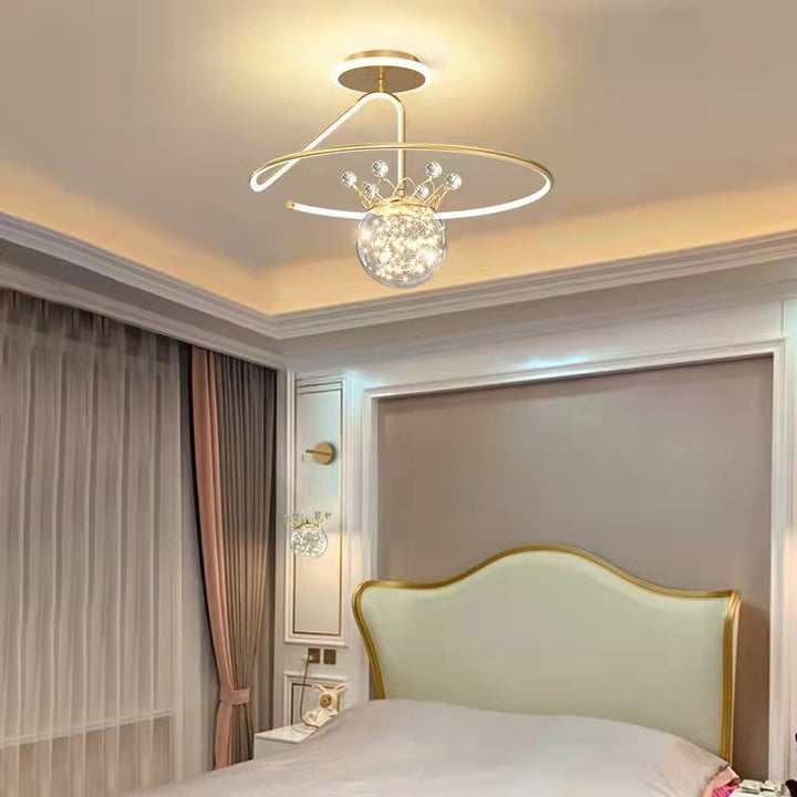 Lustre Plafonnier Semi-Encastré LED en Fer PC Moderne et Luxueux en Forme de Couronne Sphérique pour Chambre 