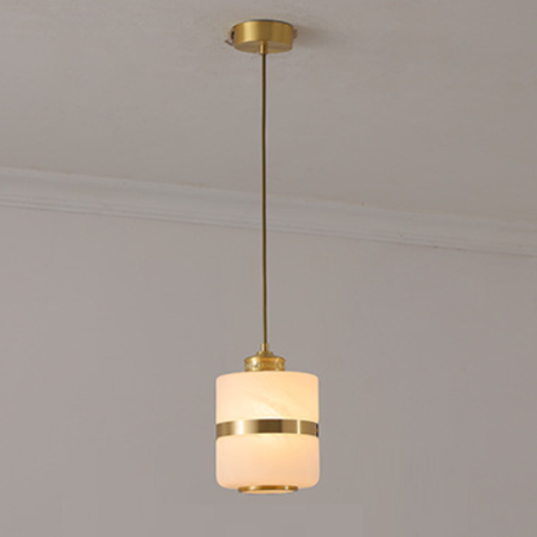 Lustre suspendu en verre à colonne ronde chinoise traditionnelle en cuivre avec 1 lumière pour salon 