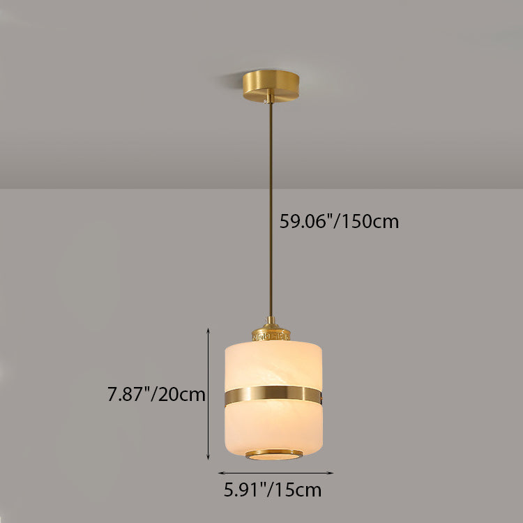 Lustre suspendu en verre à colonne ronde chinoise traditionnelle en cuivre avec 1 lumière pour salon 