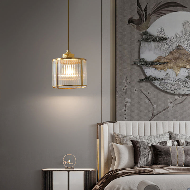 Lustre suspendu en laiton avec cylindre rond en verre vieilli chinois traditionnel à 1 lumière pour salon 