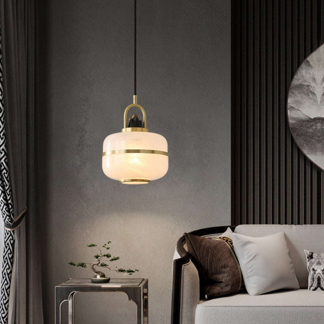 Lustre suspendu en laiton avec cylindre rond en verre vieilli chinois traditionnel à 1 lumière pour salon 
