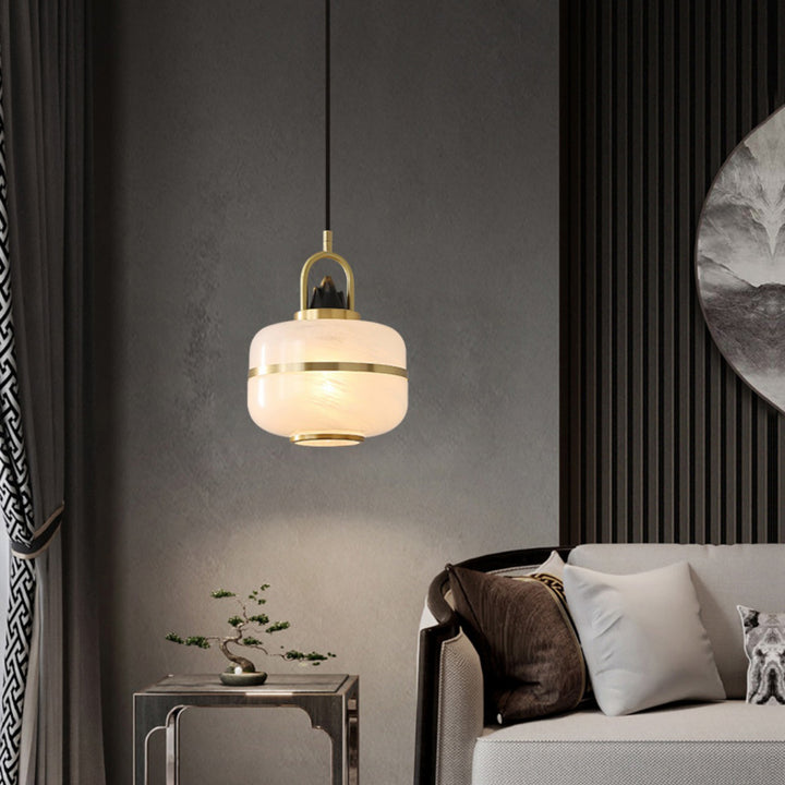Lustre suspendu en laiton avec cylindre rond en verre vieilli chinois traditionnel à 1 lumière pour salon 