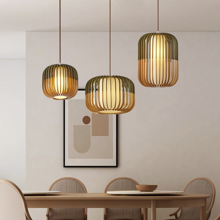 Contemporary Scandinavian Lantern Hollowed Out Round Cylinder Fabric Wood 1-Light Pendant Light For Living Room