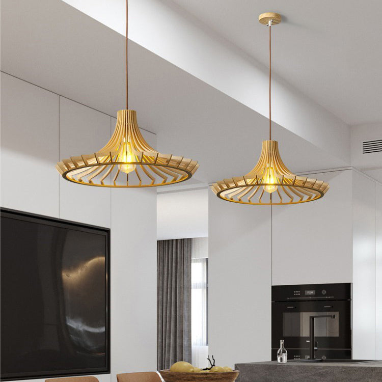 Suspension luminaire à une lumière en bois de forme conique ronde chinoise traditionnelle pour salon 
