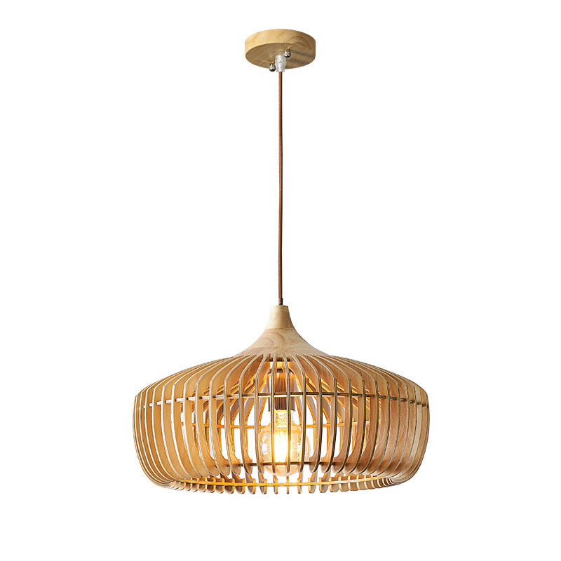 Suspension luminaire à une lumière en bois de forme conique ronde chinoise traditionnelle pour salon 