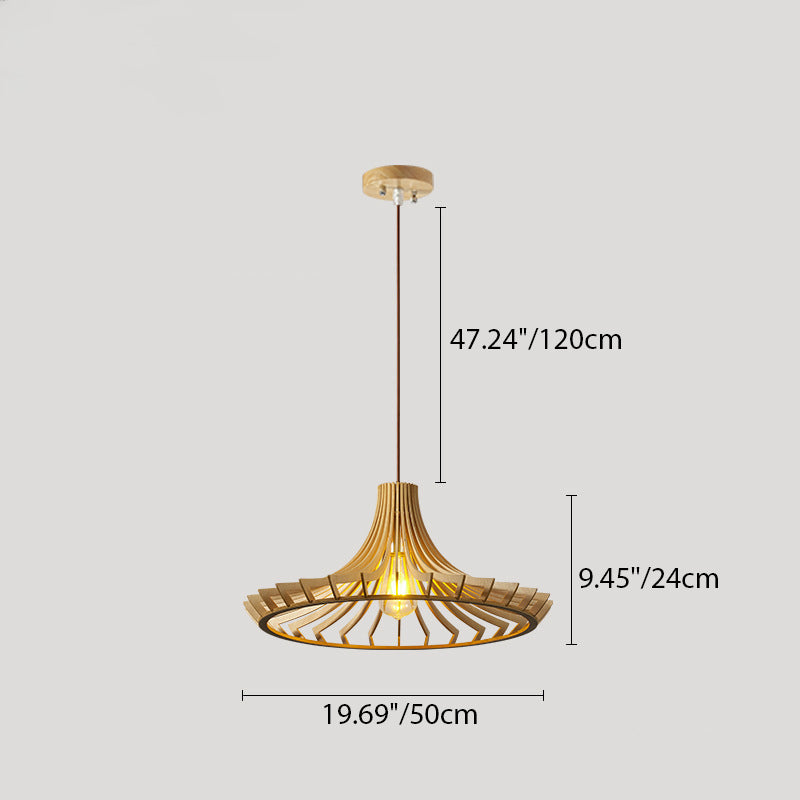 Suspension luminaire à une lumière en bois de forme conique ronde chinoise traditionnelle pour salon 
