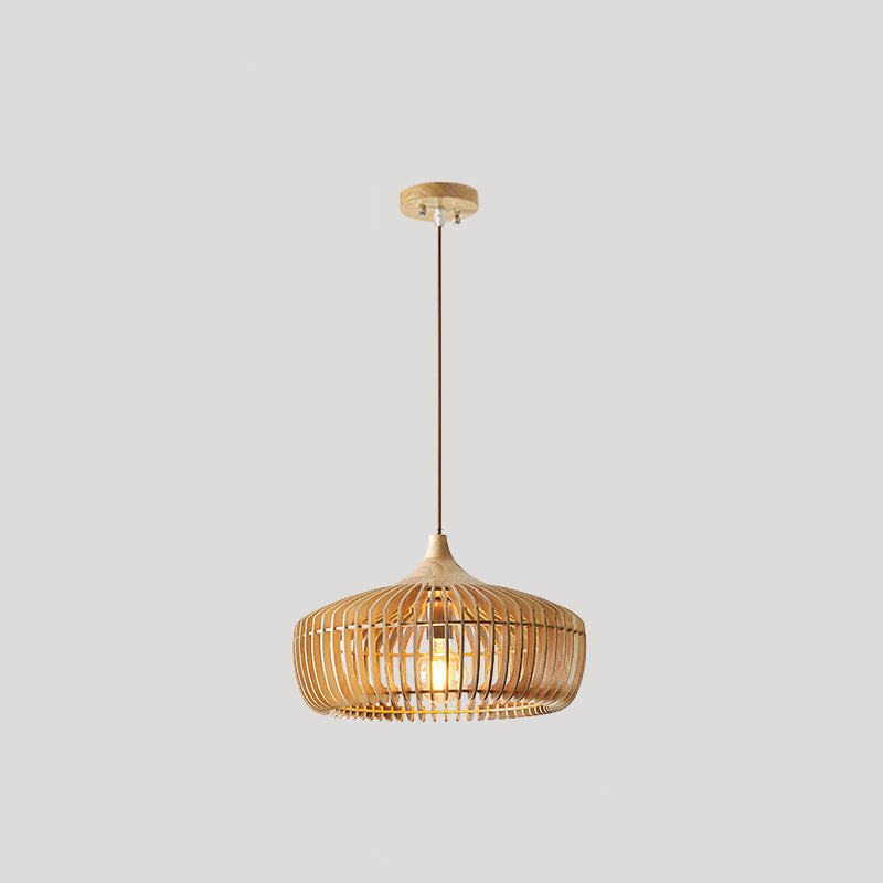Suspension luminaire à une lumière en bois de forme conique ronde chinoise traditionnelle pour salon 