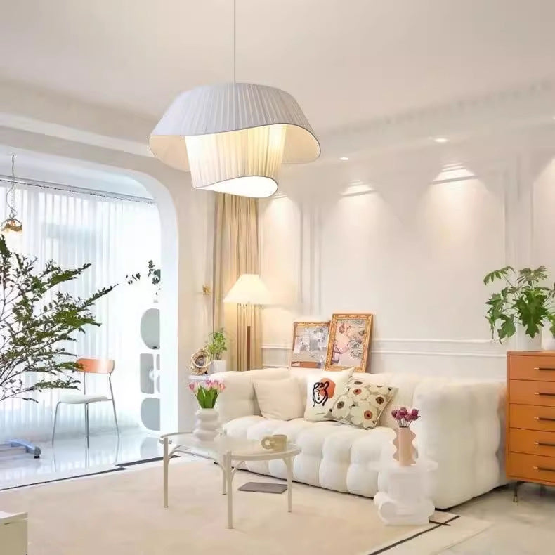 Lustre en fer à 3 lumières avec tissu à vagues rondes en crème traditionnelle française pour salon 