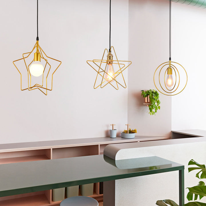 Contemporary Industrial Pentagram Round Hollowed Out Iron 1-Light Pendant Light For Living Room