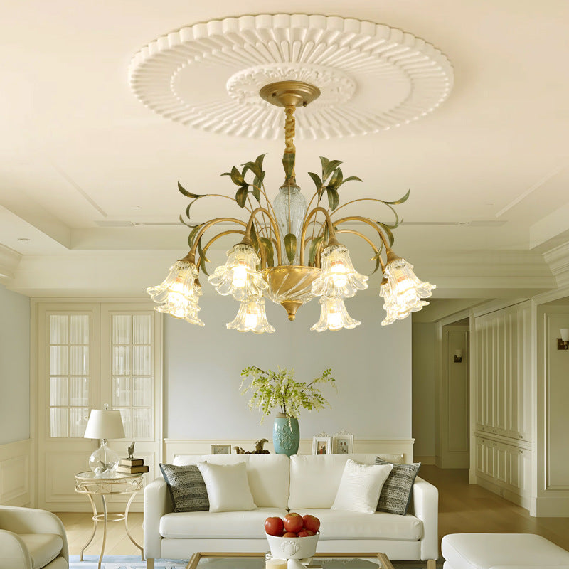 Traditional Vintage Floral Rustic Leaf Round Branch Glass Iron 4/6/8/10 Light Chandelier For Living Room