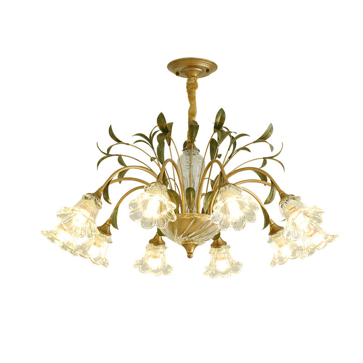 Traditional Vintage Floral Rustic Leaf Round Branch Glass Iron 4/6/8/10 Light Chandelier For Living Room