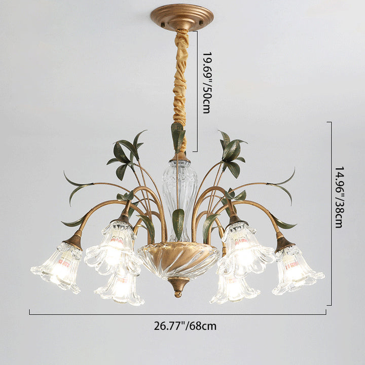 Traditional Vintage Floral Rustic Leaf Round Branch Glass Iron 4/6/8/10 Light Chandelier For Living Room