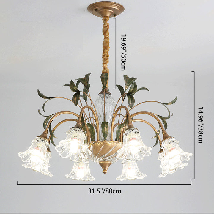 Traditional Vintage Floral Rustic Leaf Round Branch Glass Iron 4/6/8/10 Light Chandelier For Living Room