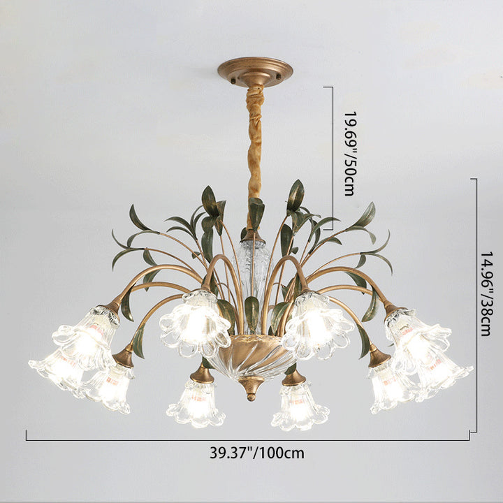 Traditional Vintage Floral Rustic Leaf Round Branch Glass Iron 4/6/8/10 Light Chandelier For Living Room