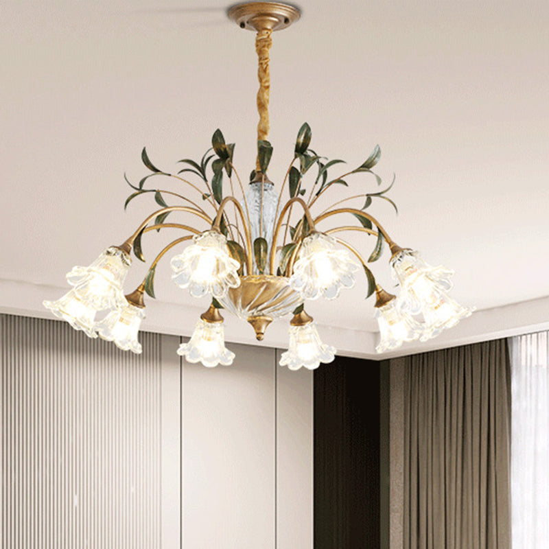 Traditional Vintage Floral Rustic Leaf Round Branch Glass Iron 4/6/8/10 Light Chandelier For Living Room